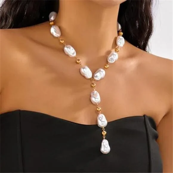 Gold Baroque Pearl Layered Necklace Set Irregular Beaded Y-Choker - Picture 6 of 6